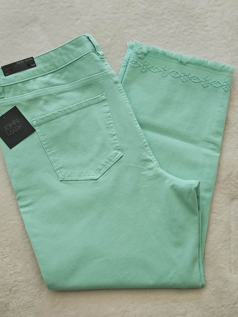 John Mark Straight Leg Cropped Pant With Embroidered Detail/Raw Hem:‎ Aqua: 14W